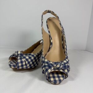 Kelly & Katie Gingham Peep Toe Slingback Heels Navy Blue White Knot Detail 8.5
